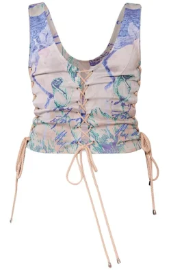 Stone Renaissance Print Woven Lace Up Detail Plunge Sleeveless Top