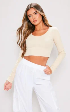 Stone Rib Long Sleeve V Neck Crop Top