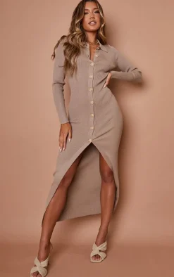 Stone Ribbed Button Up Knitted Maxi Dress
