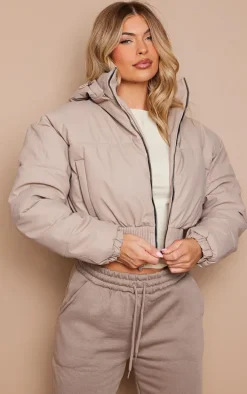 Stone Ribbed Hem Detachable Hood Cropped Puffer Jacket