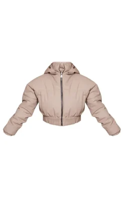 Stone Ribbed Hem Detachable Hood Cropped Puffer Jacket