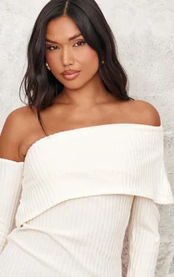 Stone Ribbed Long Sleeve One Shoulder Asymmetric Bardot Mini Dress