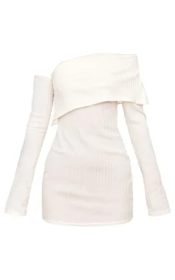 Stone Ribbed Long Sleeve One Shoulder Asymmetric Bardot Mini Dress