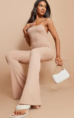 Stone Ribbed Strappy Square Neck Flared Jumpsuit
