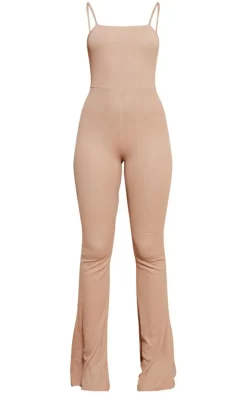 Stone Ribbed Strappy Square Neck Flared Jumpsuit