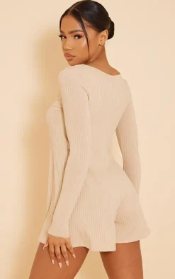 Stone Ribbed V Neck Long Sleeve Romper