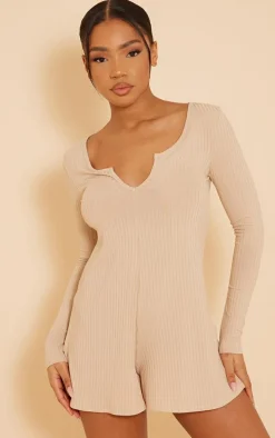 Stone Ribbed V Neck Long Sleeve Romper
