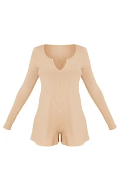 Stone Ribbed V Neck Long Sleeve Romper