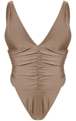 Stone Ruched Waist High Leg Plunge Swimsuit