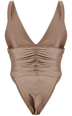 Stone Ruched Waist High Leg Plunge Swimsuit