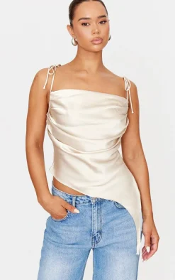 Stone Satin Ruched Asymmetric Strappy Top