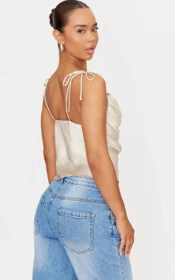 Stone Satin Ruched Asymmetric Strappy Top