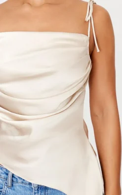 Stone Satin Ruched Asymmetric Strappy Top