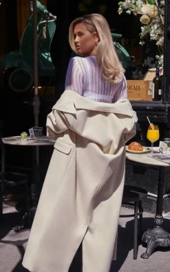 Stone Shoulder Padded Double Breasted Brushed Faux Wool Coat