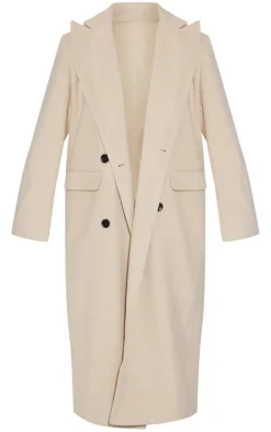 Stone Shoulder Padded Double Breasted Brushed Faux Wool Coat