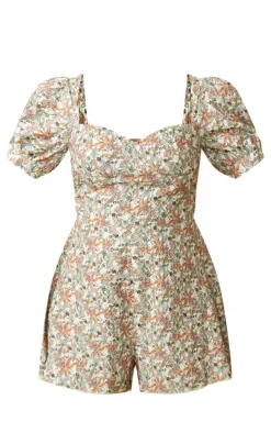 Stone Sketchy Floral Print Cut Out Back Tie Detail Romper