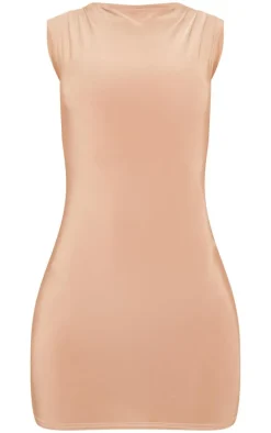 Stone Slinky High Neck Ruched Mini Dress