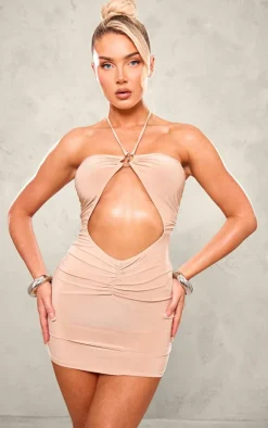 Stone Slinky Ring Detail Halter Neck Mini Dress