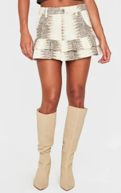 Stone Snake Print Faux Leather Frill Hem Mini Skirt