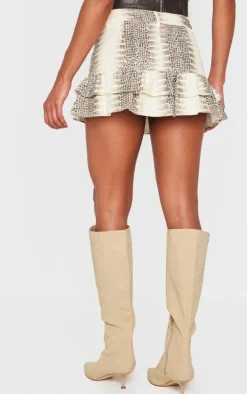 Stone Snake Print Faux Leather Frill Hem Mini Skirt
