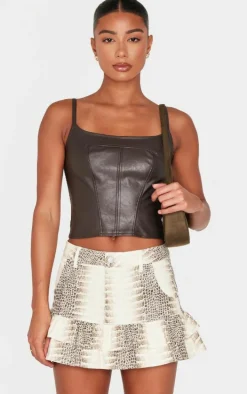 Stone Snake Print Faux Leather Frill Hem Mini Skirt