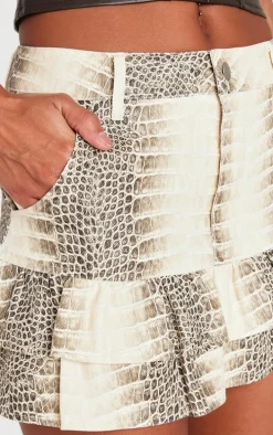 Stone Snake Print Faux Leather Frill Hem Mini Skirt