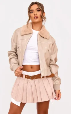 Stone Soft Pu Contrast Collar Cropped Jacket