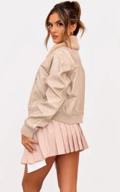 Stone Soft Pu Contrast Collar Cropped Jacket