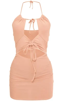 Stone Soft Touch Halterneck Cut Out Ruched Front Mini Dress