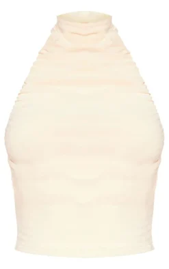 Stone Soft Touch Ruched Halterneck Crop Top