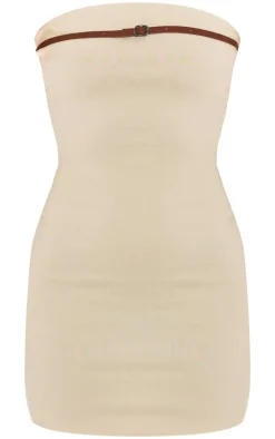 Stone Stretch Woven Bandeau Belted Bodycon Dress