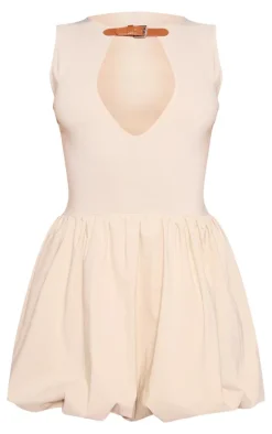 Stone Stretch Woven Belted Puffball Mini Dress