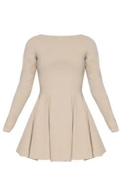 Stone Stretch Woven Boat Neck Long Sleeve Pleated Shift Dress