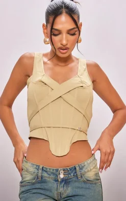 Stone Stretch Woven Boned Cross Detail Corset