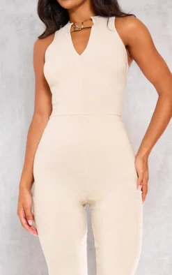 Stone Stretch Woven Buckle Detail Key Hole Jumpsuit