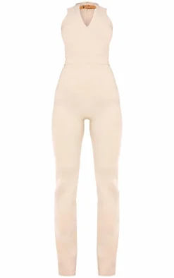 Stone Stretch Woven Buckle Detail Key Hole Jumpsuit