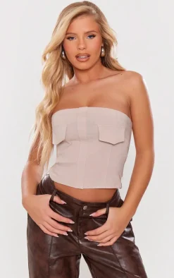 Stone Stretch Woven Contrast Stitch Pocket Detail Crop Top