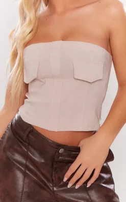 Stone Stretch Woven Contrast Stitch Pocket Detail Crop Top