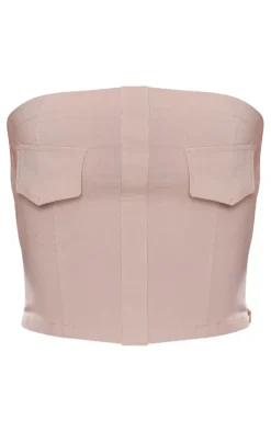 Stone Stretch Woven Contrast Stitch Pocket Detail Crop Top