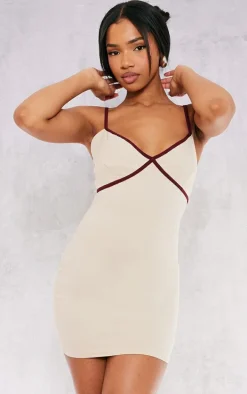 Stone Stretch Woven Contrast Cup Binding Mini Dress