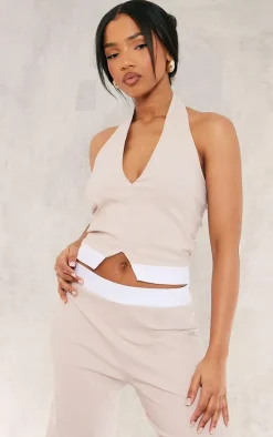 Stone Stretch Woven Contrast Plunge Halter Neck Crop Top