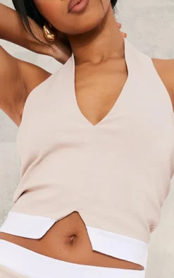 Stone Stretch Woven Contrast Plunge Halter Neck Crop Top