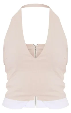 Stone Stretch Woven Contrast Plunge Halter Neck Crop Top