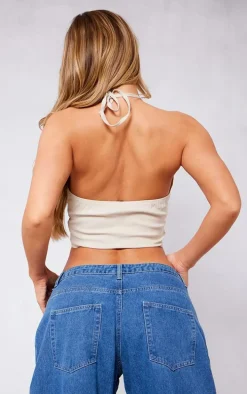 Stone Stretch Woven Halter Cut Out Crop Top