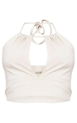 Stone Stretch Woven Halter Cut Out Crop Top