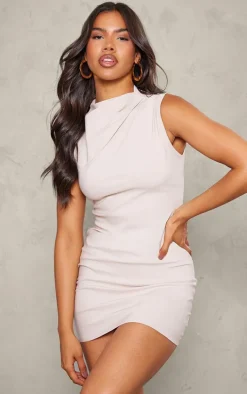 Stone Stretch Woven High Neck Mini Dress