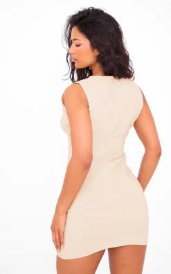 Stone Stretch Woven Keyhole Belted Bodycon Dress