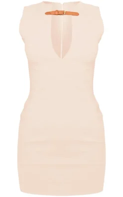 Stone Stretch Woven Keyhole Belted Bodycon Dress