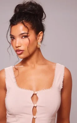 Stone Stretch Woven Split Hem Scallop Edge Top