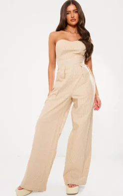 Stone Stripe Bandeau Cotton Pleated Detail Wide Leg Jumpsuit
